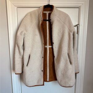 Reversible Faux Suede Sherpa Teddy Jacket Coat Tan Camel Cream Snap Front Size L